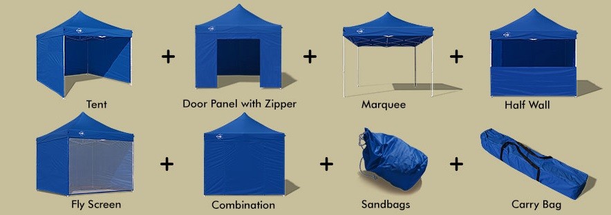 Tutti i componenti del kit del gazebo pieghevole 3x3 blu