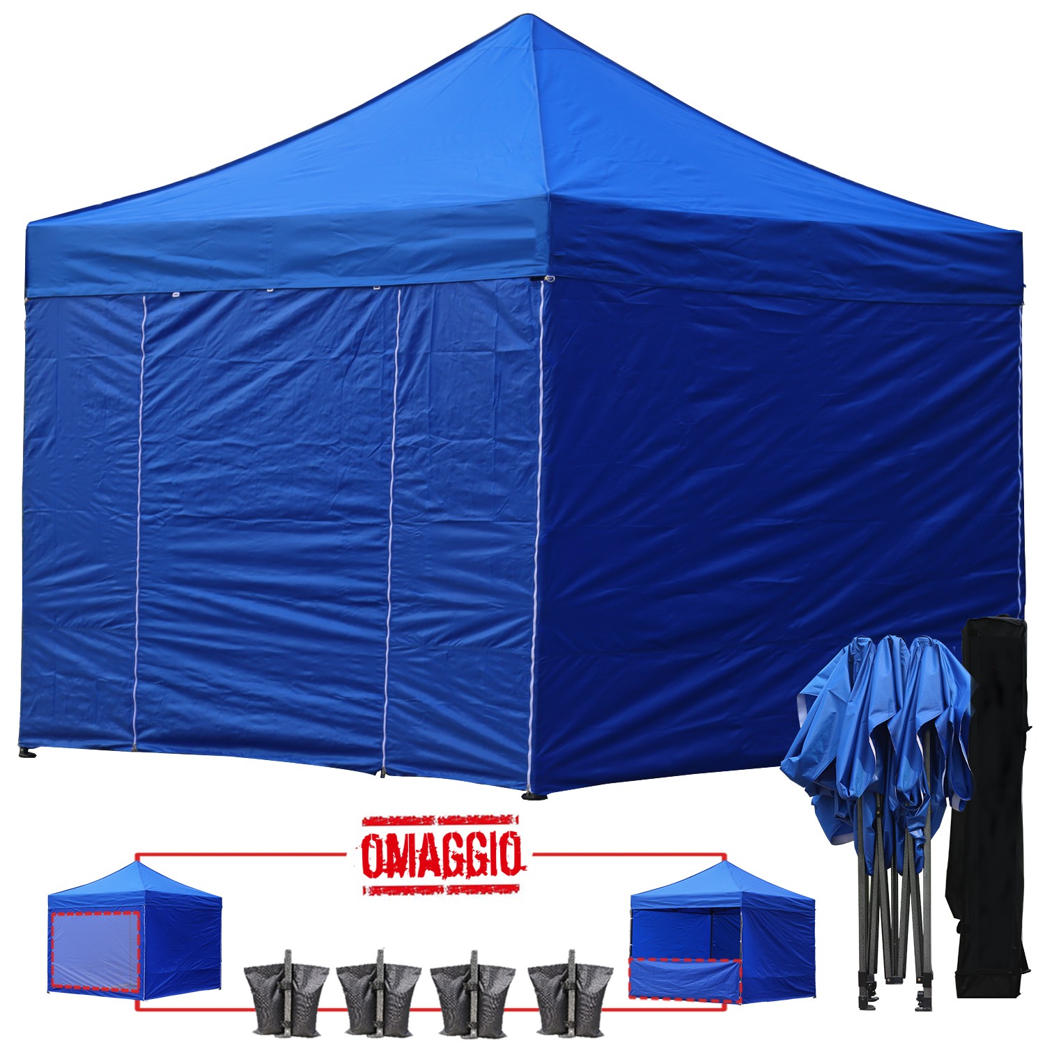 Kit completo del gazebo pieghevole 3x3 blu: pareti, zavorre e borsone