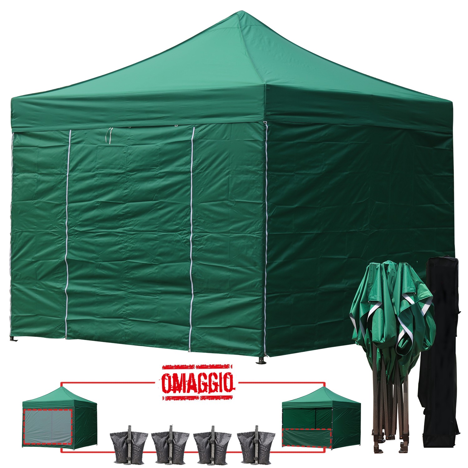 Kit completo del gazebo pieghevole 3x3 verde: pareti, zavorre e borsone