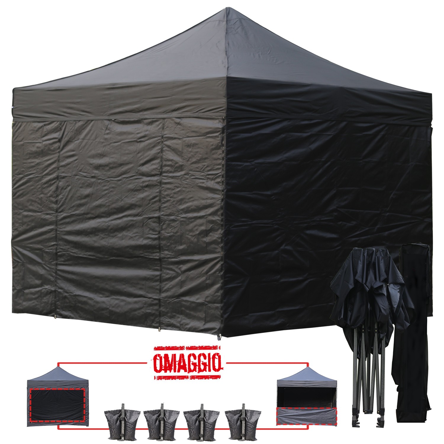 Kit completo del gazebo pieghevole 3x3 nero: pareti, zavorre e borsone