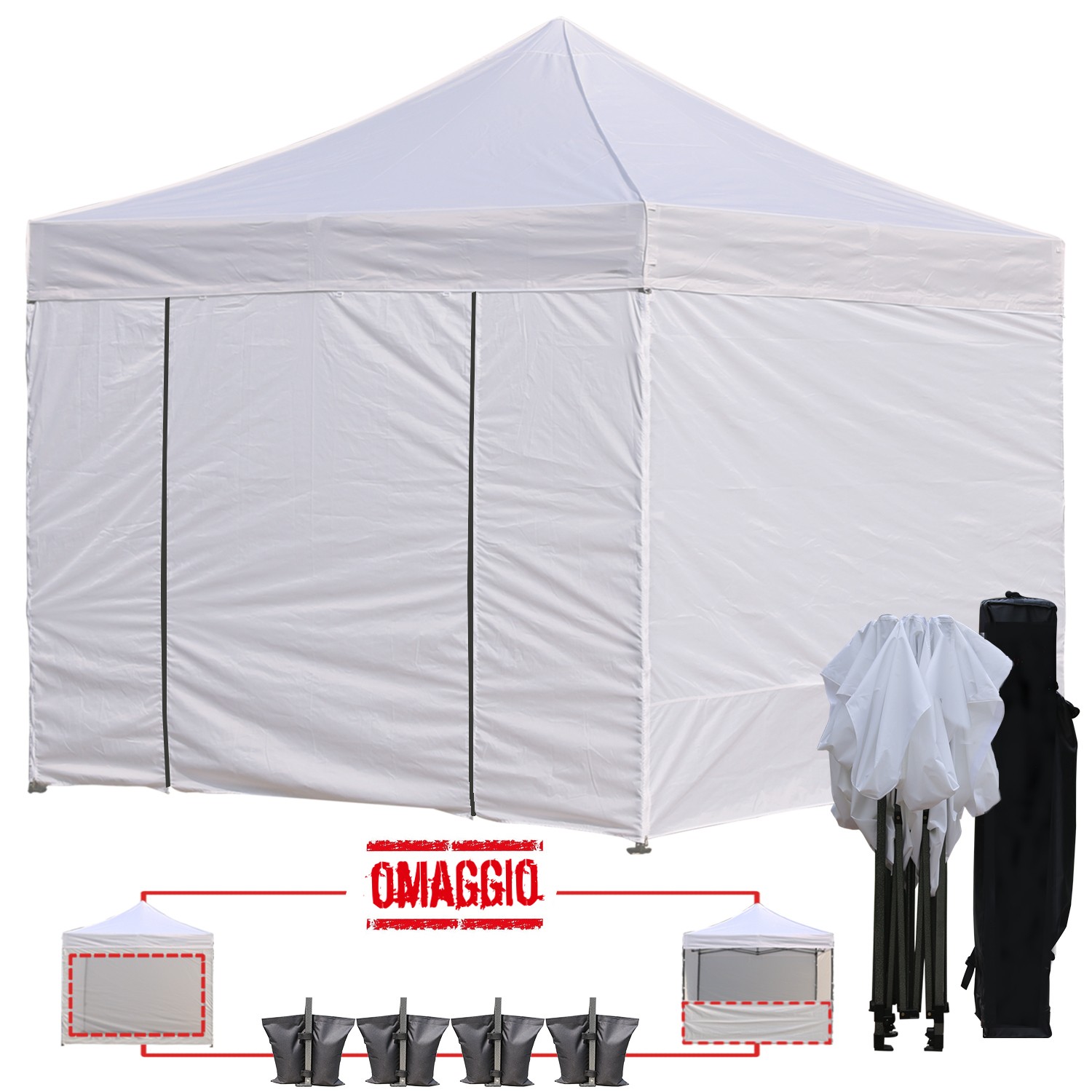Kit completo del gazebo pieghevole 3x3 bianco: pareti, zavorre e borsone