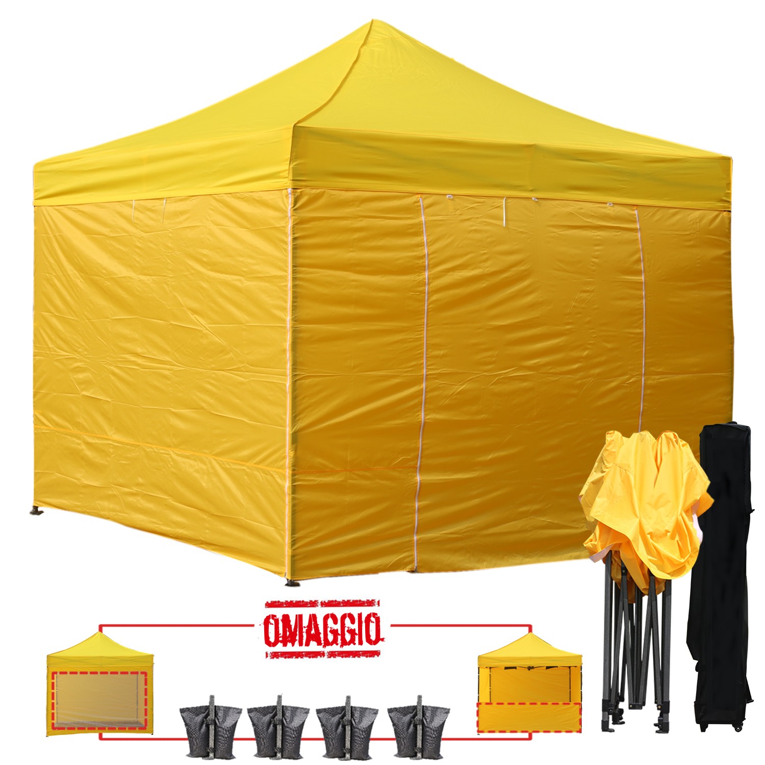 Kit completo del gazebo pieghevole 3x3 giallo: pareti, zavorre e borsone