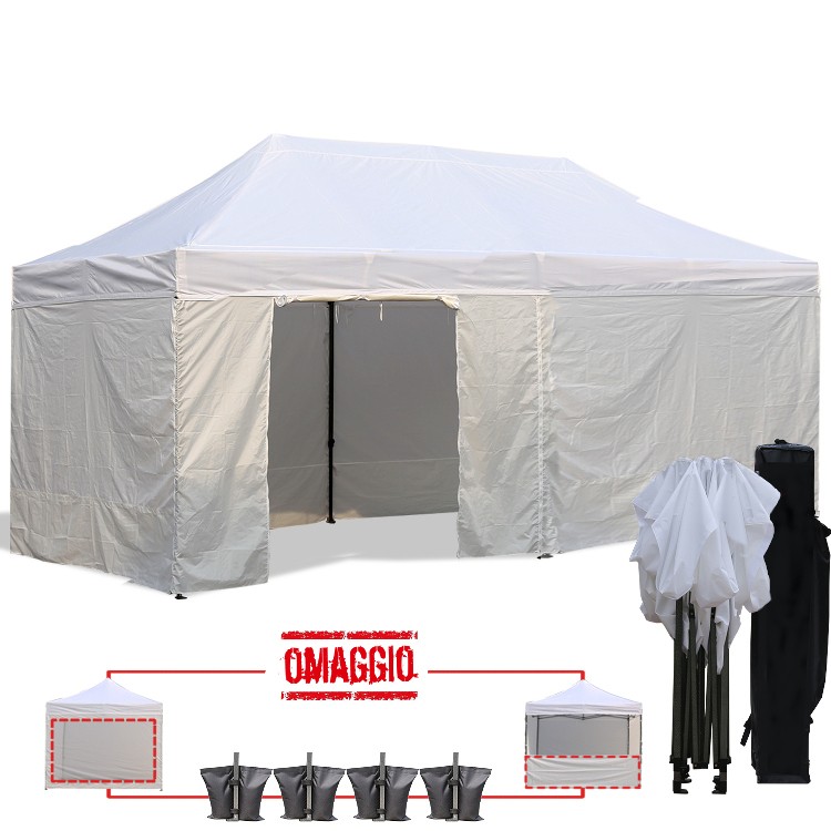 Kit completo del gazebo pieghevole 6x3 bianco: pareti, zavorre e borsone
