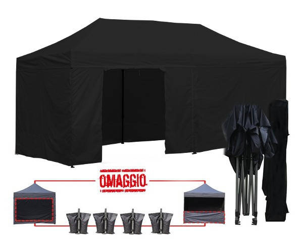 Kit completo del gazebo pieghevole 6x3 nero: pareti, zavorre e borsone