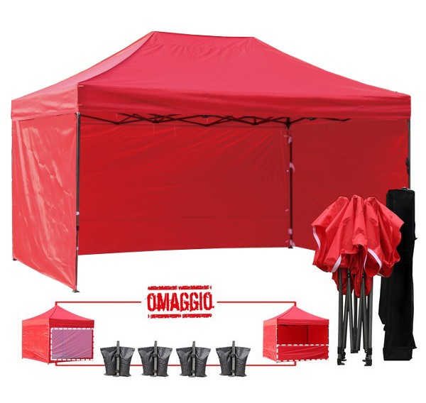 Kit completo del gazebo pieghevole 4,5x3 rosso: pareti, zavorre e borsone