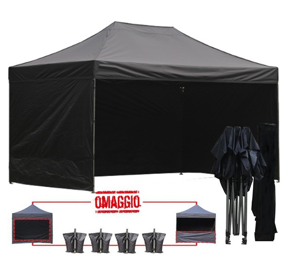 Kit completo del gazebo pieghevole 4,5x3 nero: pareti, zavorre e borsone