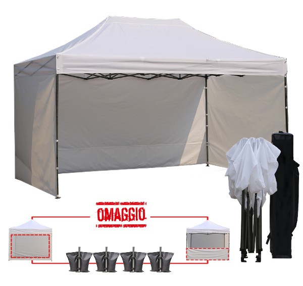 Kit completo del gazebo pieghevole 4,5x3 bianco: pareti, zavorre e borsone
