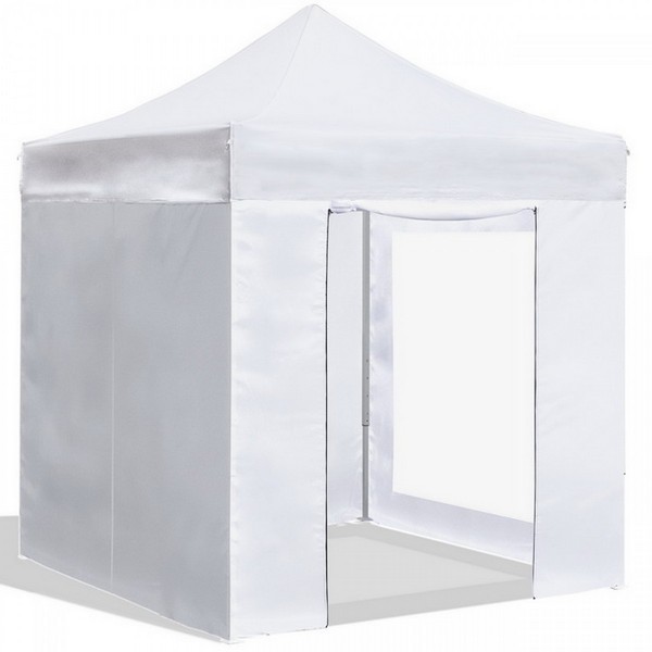 Gazebo pieghevole 2x2 bianco con pareti, porta e finestra